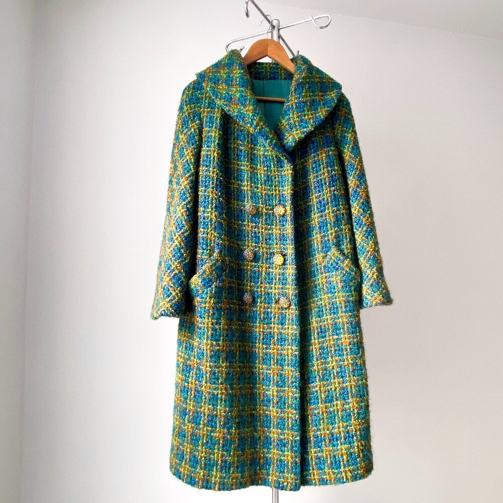 60s Vintage Blue Green Orange Chunky Elegant Harris Tweed Checkered Wool Coat